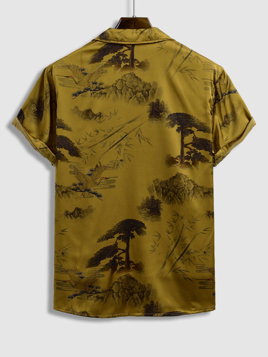 Men's Chinese Crane Pattern Satin Cuban Collar Short Sleeve Shirt