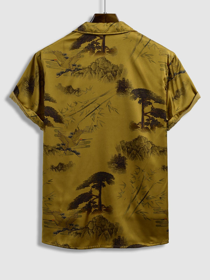 Men's Chinese Crane Pattern Satin Cuban Collar Short Sleeve Shirt