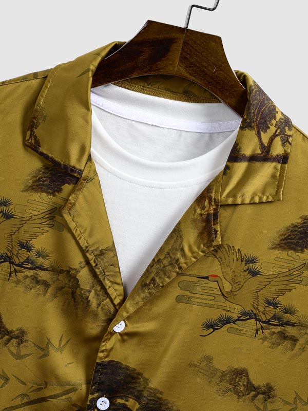 Men's Chinese Crane Pattern Satin Cuban Collar Short Sleeve Shirt