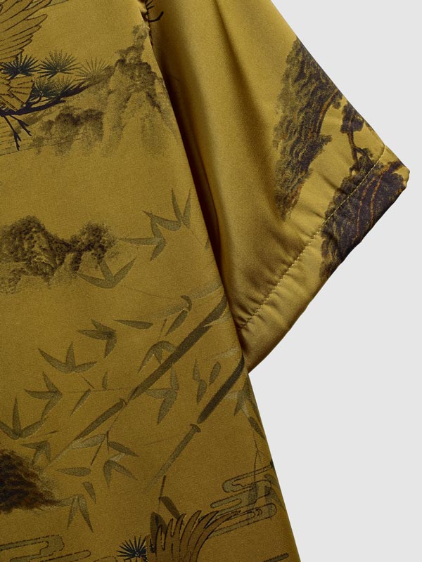 Men's Chinese Crane Pattern Satin Cuban Collar Short Sleeve Shirt