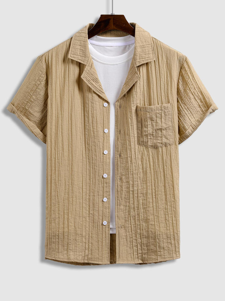 Men's Textured Cuban Collar Button-Down Solid Color Short Sleeve Shirt