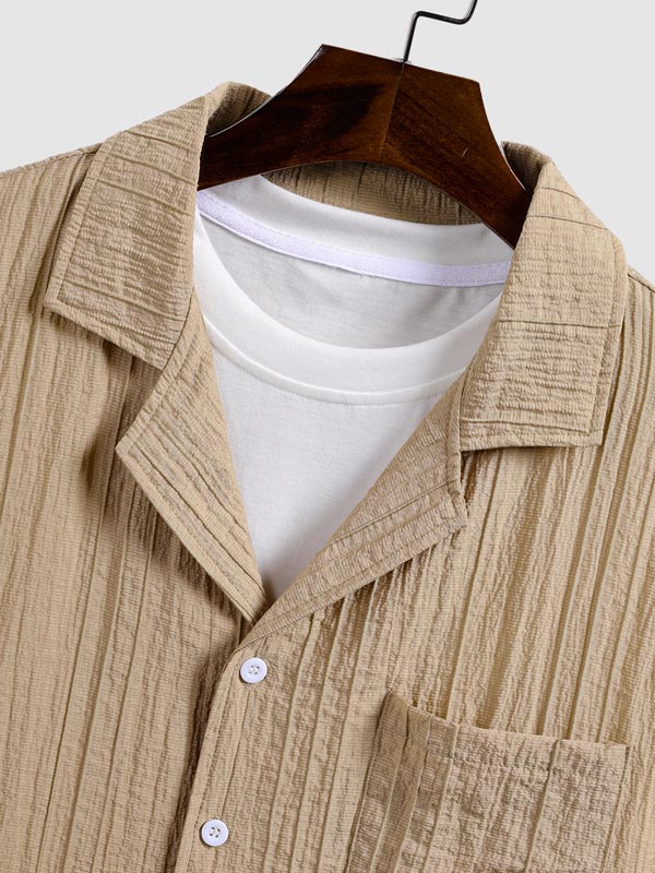 Men's Textured Cuban Collar Button-Down Solid Color Short Sleeve Shirt