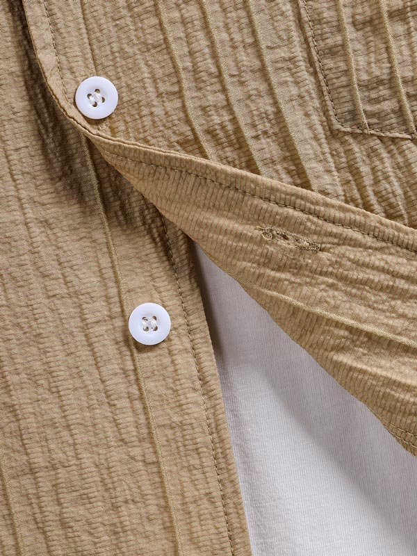 Men's Textured Cuban Collar Button-Down Solid Color Short Sleeve Shirt