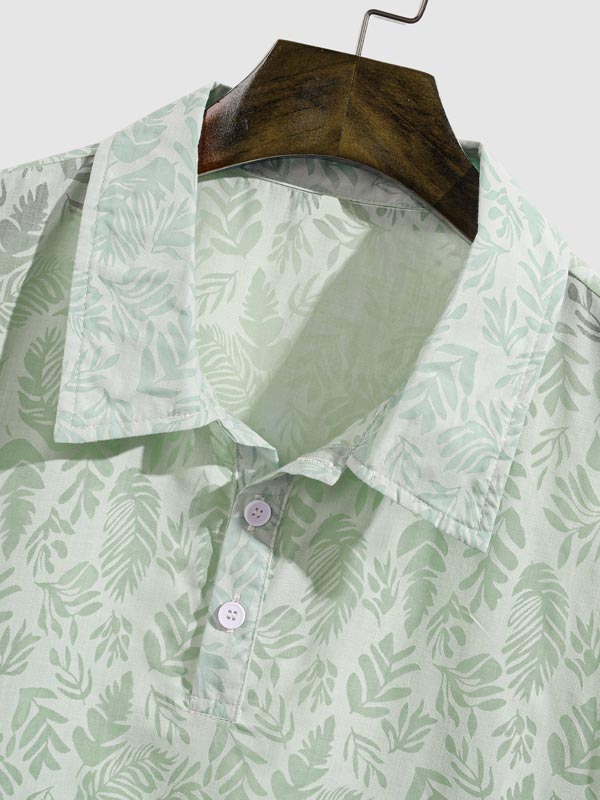 Men's Vintage Sheer Botanical Print Casual Half-Button Short Sleeve POLO