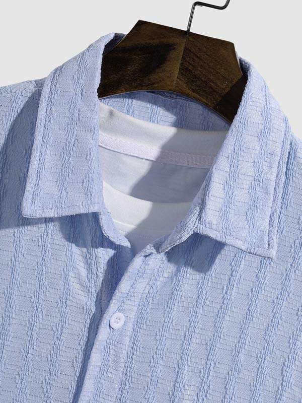 Men's striped texture casual solid color short-sleeved shirt