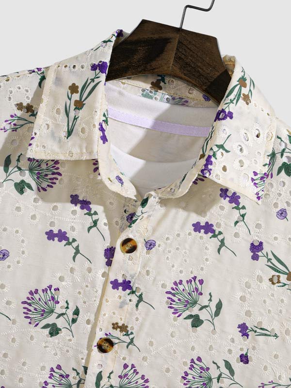 Men's Printed Floral Cutout Button Short Sleeve Shirt