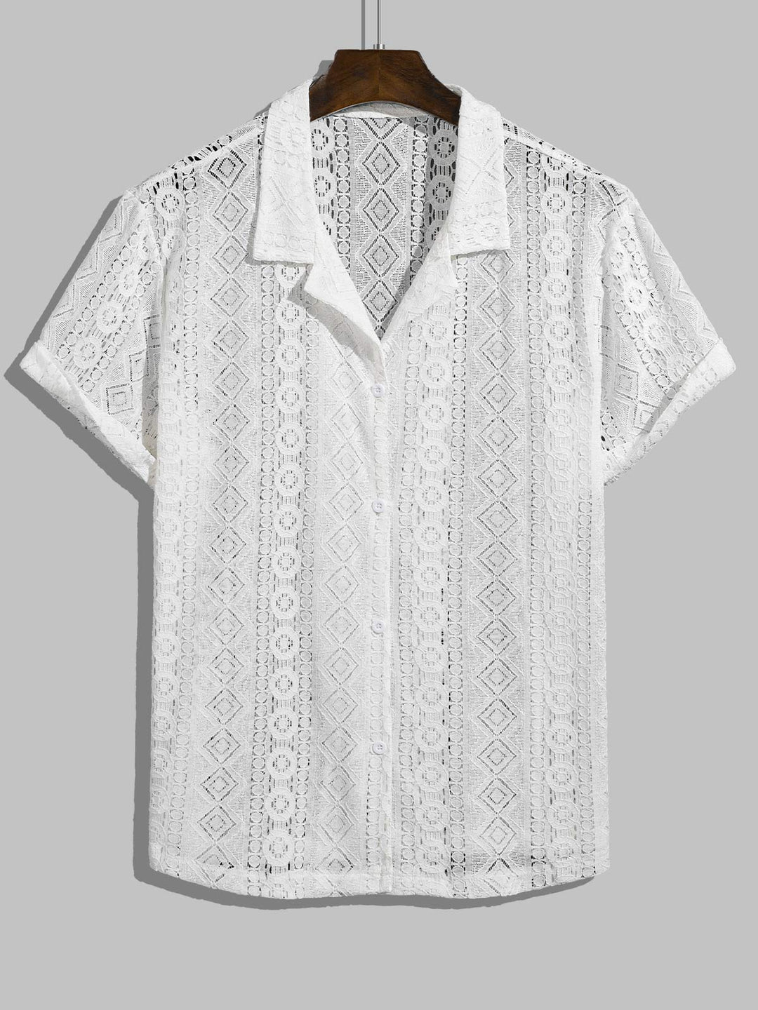 Men's Lace Hollow Loose Fit Cuban Collar Short Sleeve Shirt