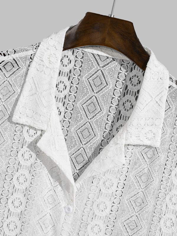 Men's Lace Hollow Loose Fit Cuban Collar Short Sleeve Shirt