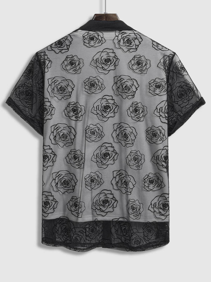 Men's lace embroidered rose flower short-sleeved shirt