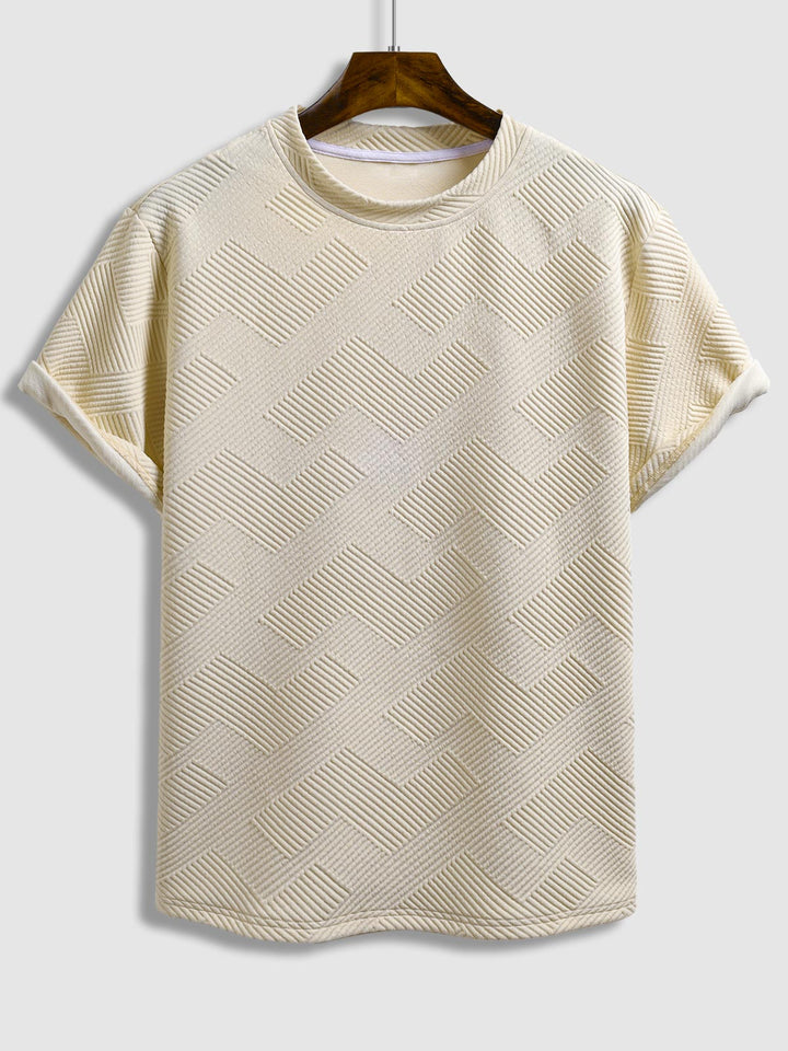 Men's geometric textured jacquard casual round neck short-sleeved T-shirt