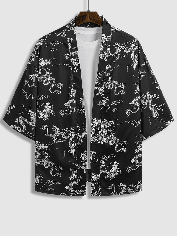 Men's Dragon Totem Satin Chinese Style Kimono Short Sleeve Shirt