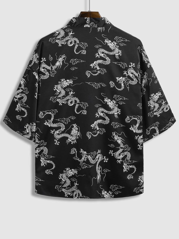 Men's Dragon Totem Satin Chinese Style Kimono Short Sleeve Shirt