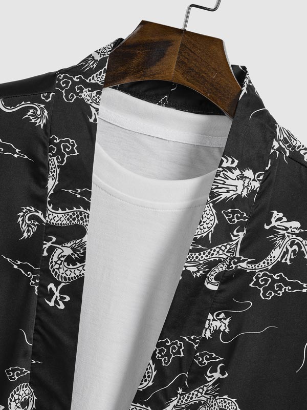 Men's Dragon Totem Satin Chinese Style Kimono Short Sleeve Shirt