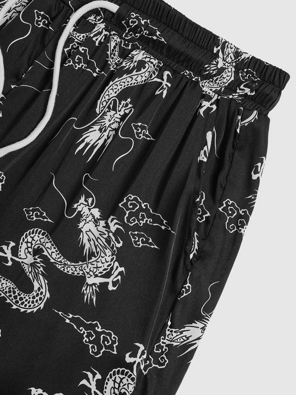 Men's Dragon Totem Satin Chinese Style Kimono Casual Shorts Set