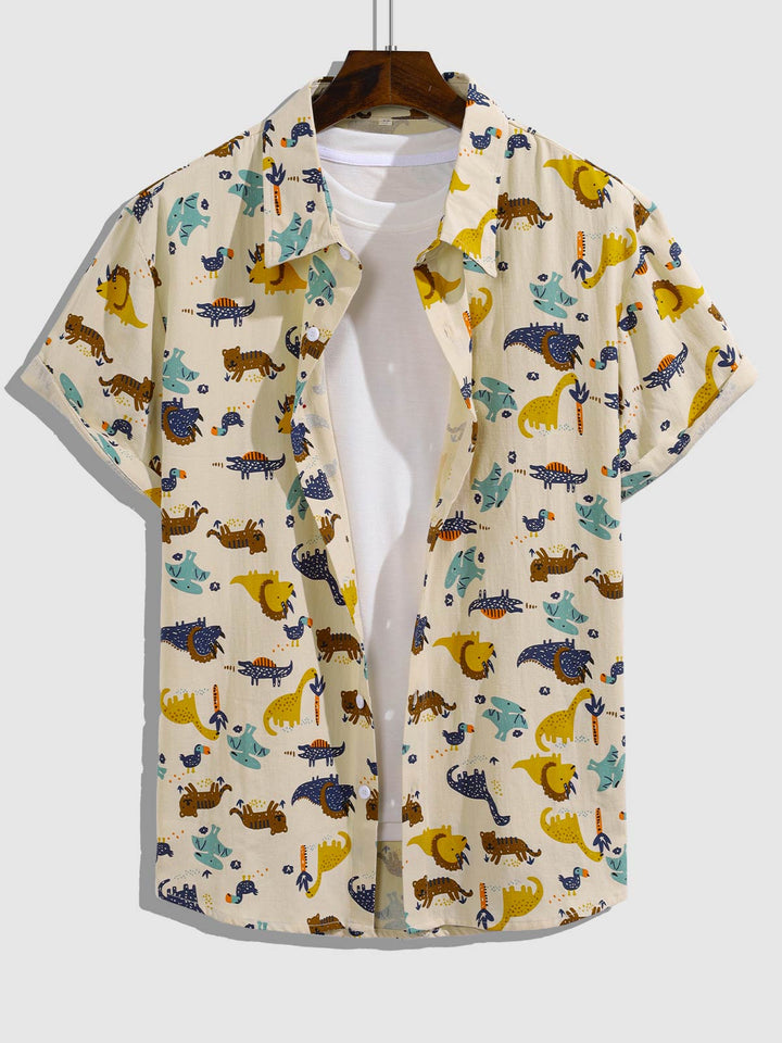 Men's Cotton Linen Cartoon Dinosaur Print Casual Short Sleeve Shirt