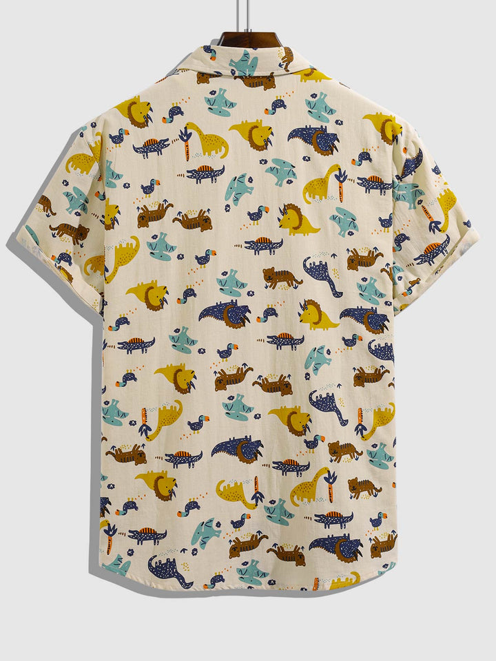 Men's Cotton Linen Cartoon Dinosaur Print Casual Short Sleeve Shirt