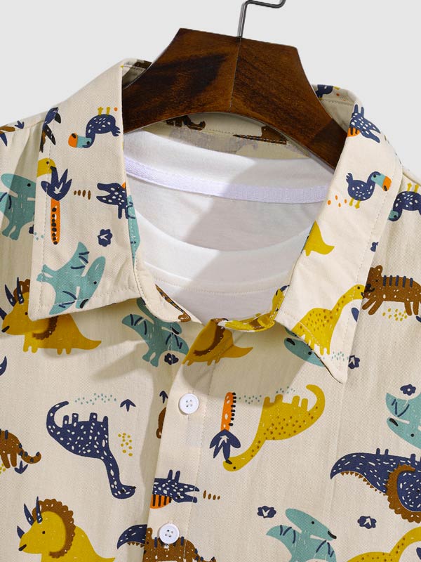 Men's Cotton Linen Cartoon Dinosaur Print Casual Short Sleeve Shirt