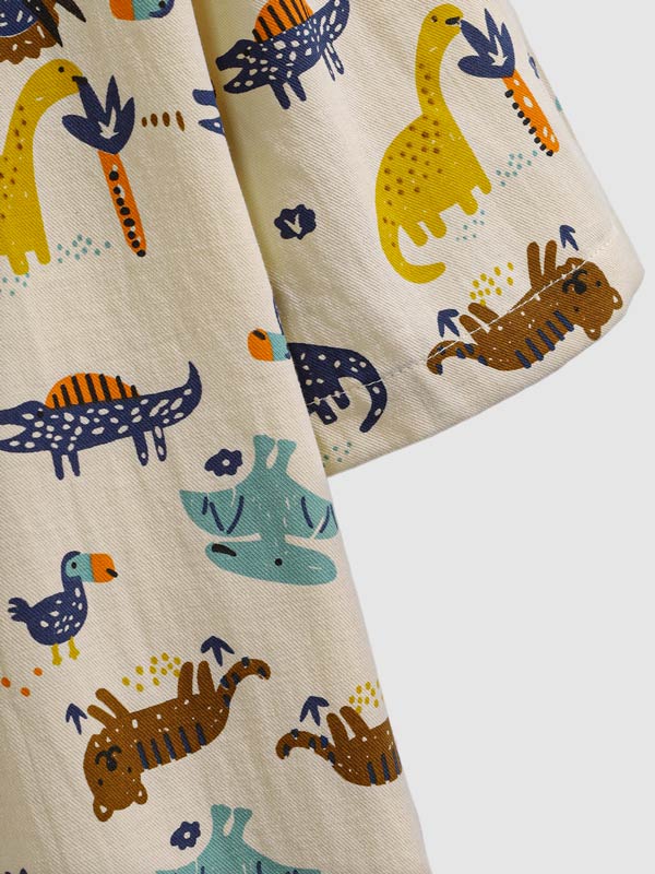 Men's Cotton Linen Cartoon Dinosaur Print Casual Short Sleeve Shirt