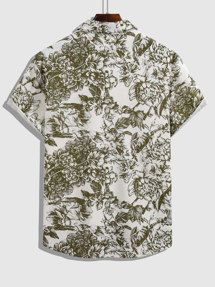 Men's Cotton Linen Plant Print Casual Short Sleeve Shirt