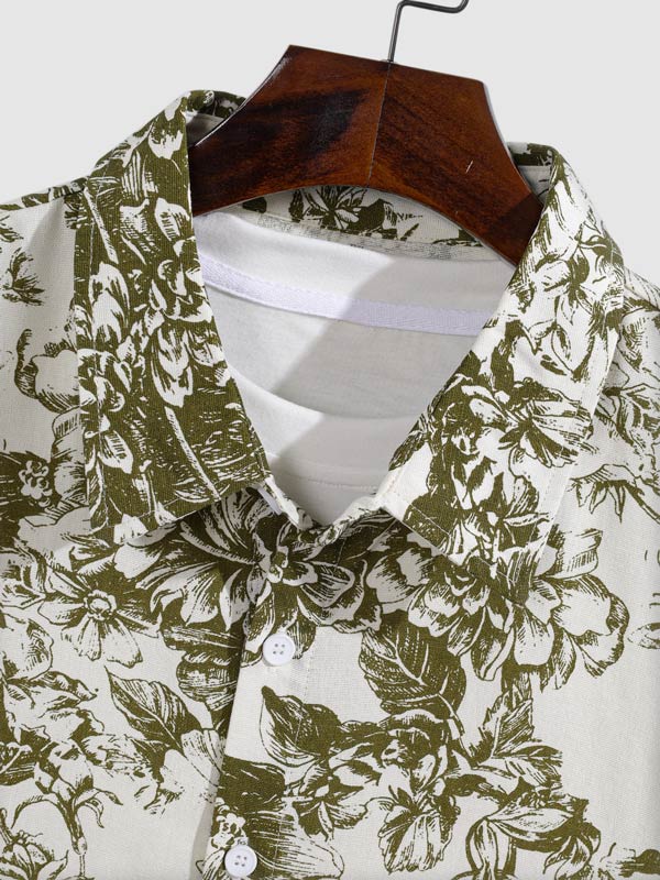 Men's Cotton Linen Plant Print Casual Short Sleeve Shirt