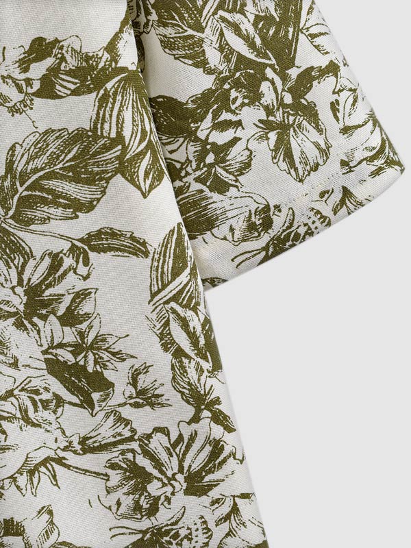 Men's Cotton Linen Plant Print Casual Short Sleeve Shirt