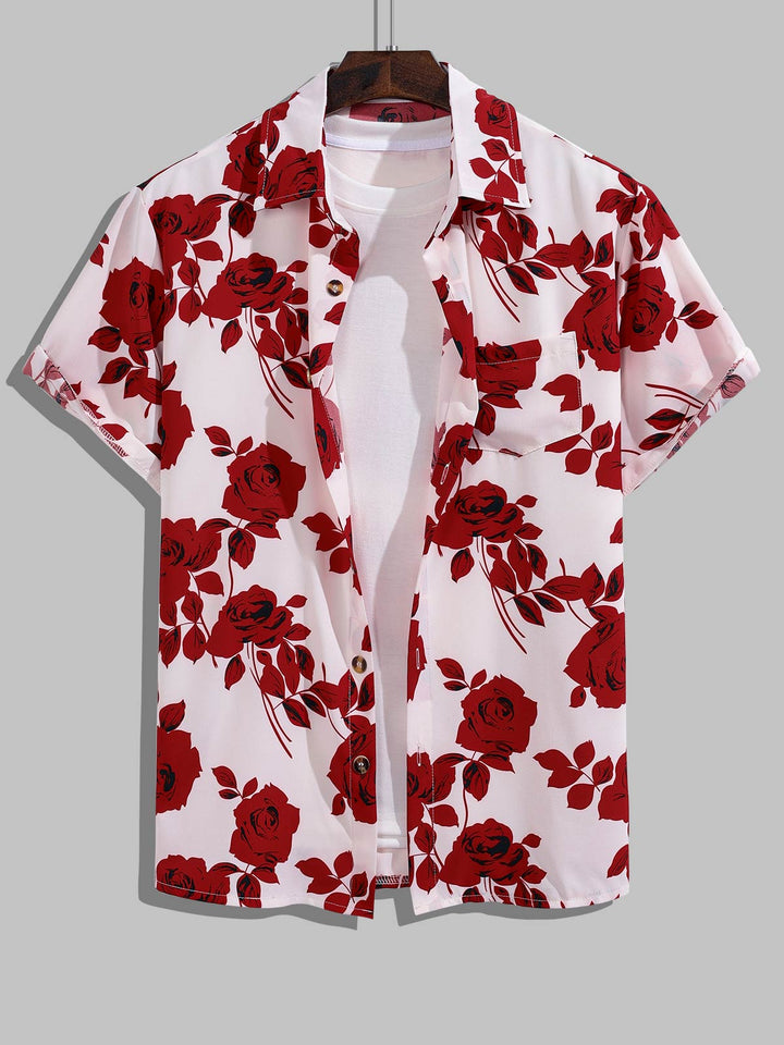 Men's Rose Print Skin-Friendly Casual Button Short sleeve Shirt