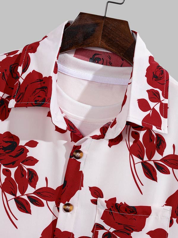 Men's Rose Print Skin-Friendly Casual Button Short sleeve Shirt