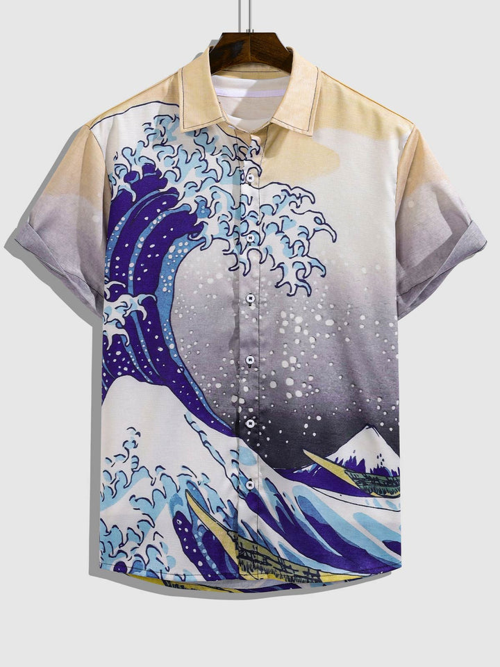 Men's Japanese wave print short-sleeved shirt