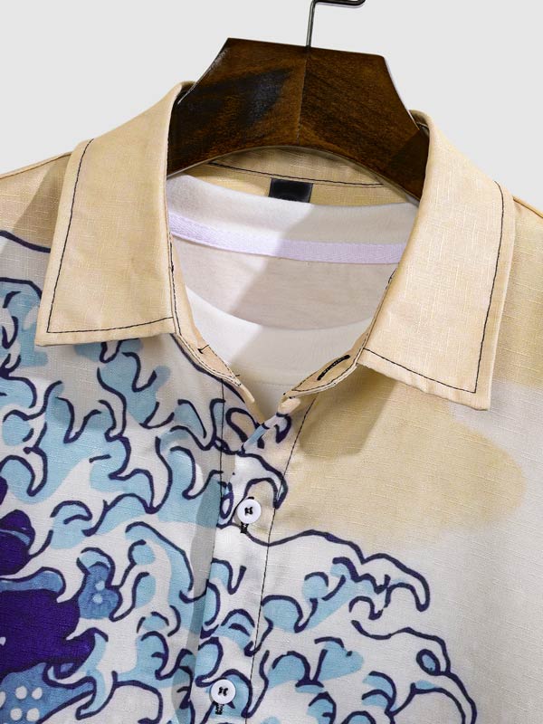 Men's Japanese wave print short-sleeved shirt