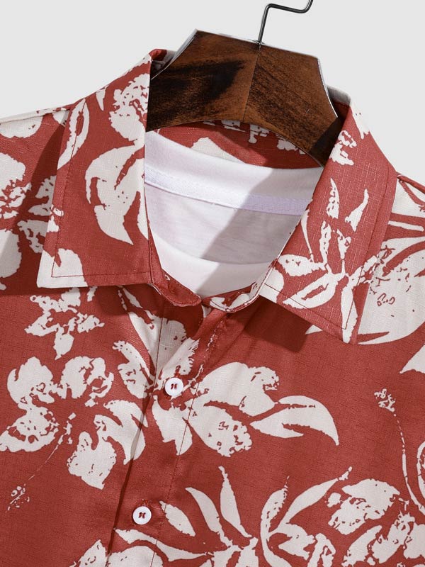 Men's botanical flower print casual short-sleeved shirt