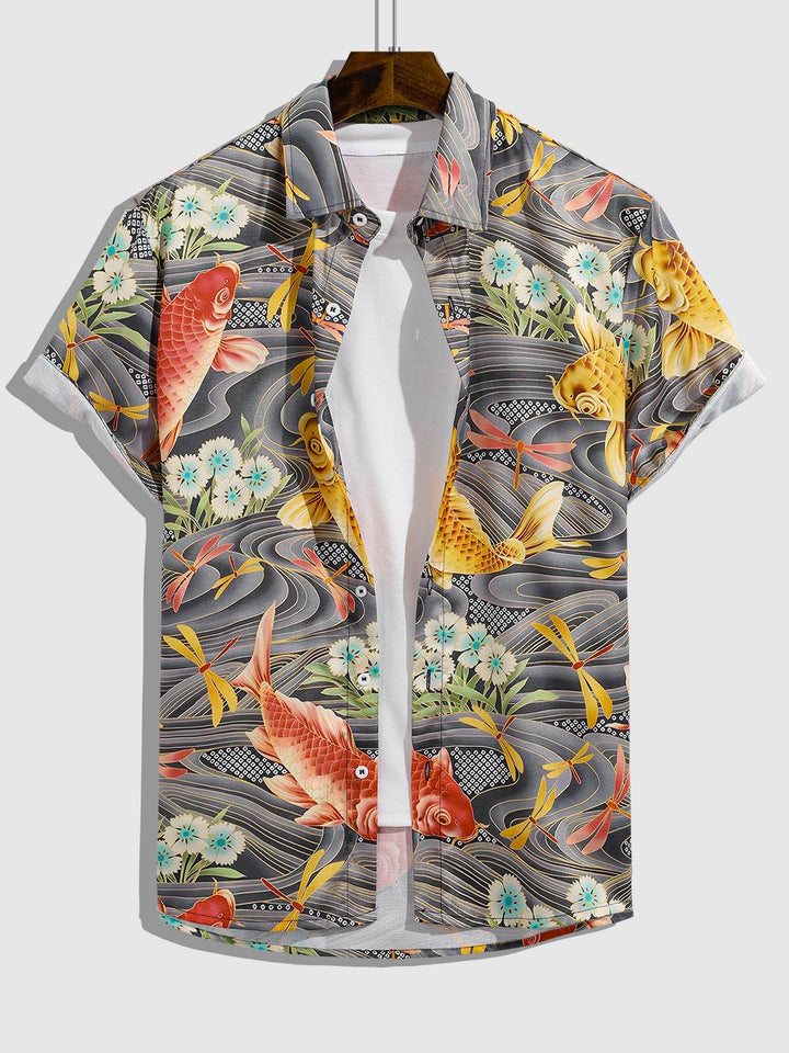 Men's Chinese style carp print casual short-sleeved shirt