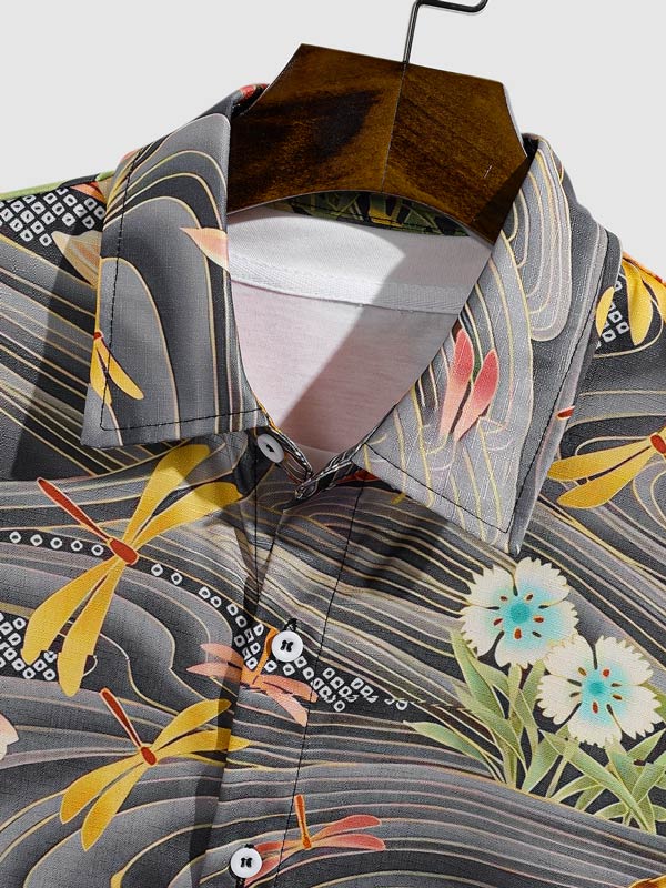 Men's Chinese style carp print casual short-sleeved shirt