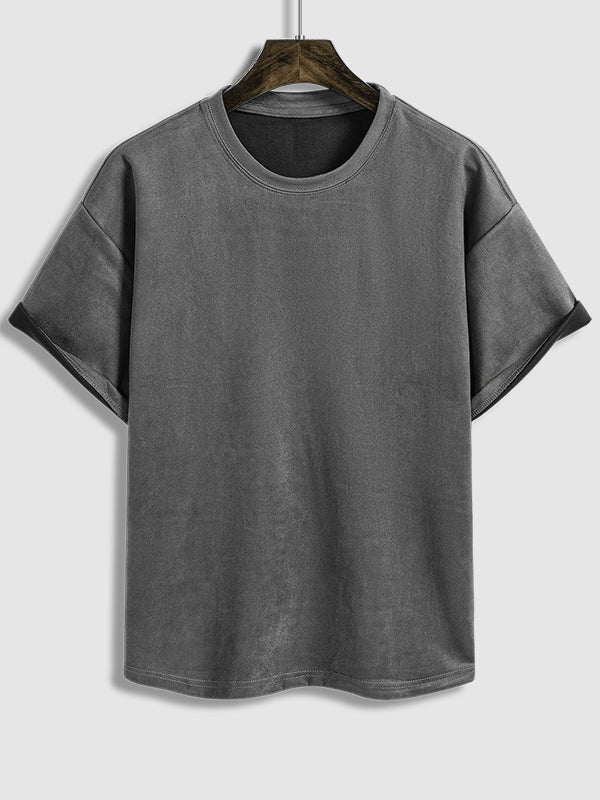 Men's Solid Color Suede Round Neck Short Sleeve T-shirt