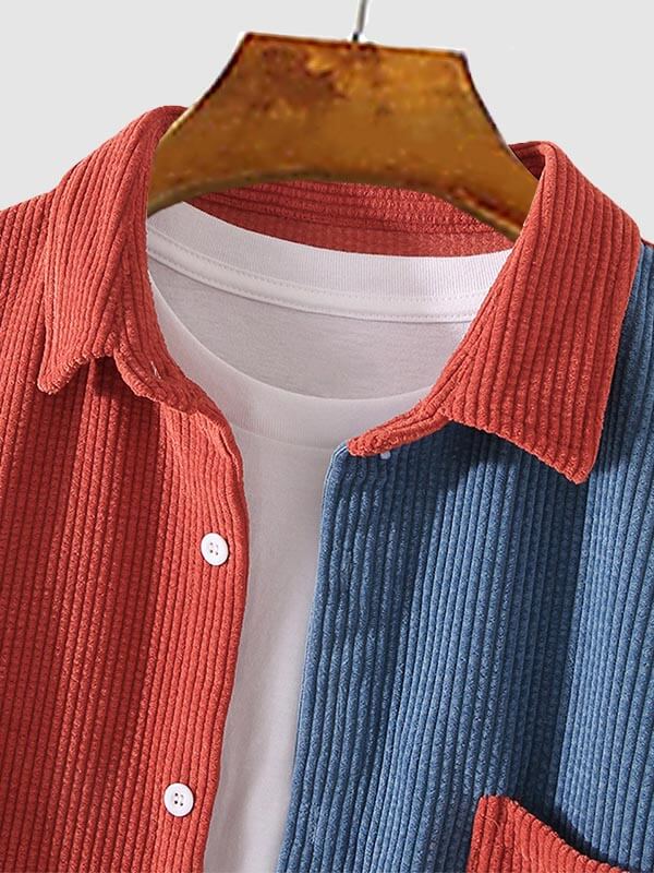 Men's Corduroy Colorblock Single Pocket Button-down Shirt