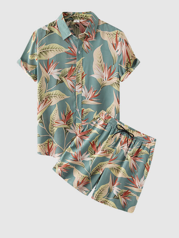 Men's Hawaiian Floral Print Resort Short Sleeve Shirt and Shorts Set