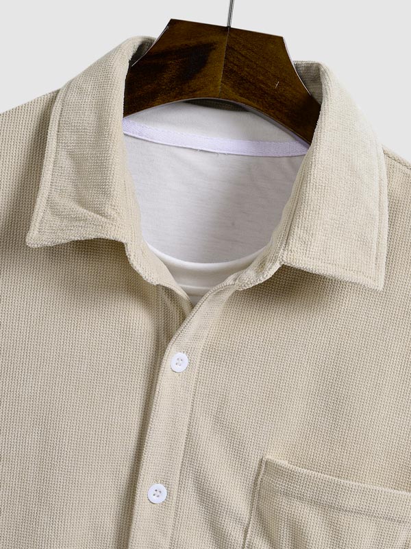 Men's corduroy casual button down solid color short sleeve shirt