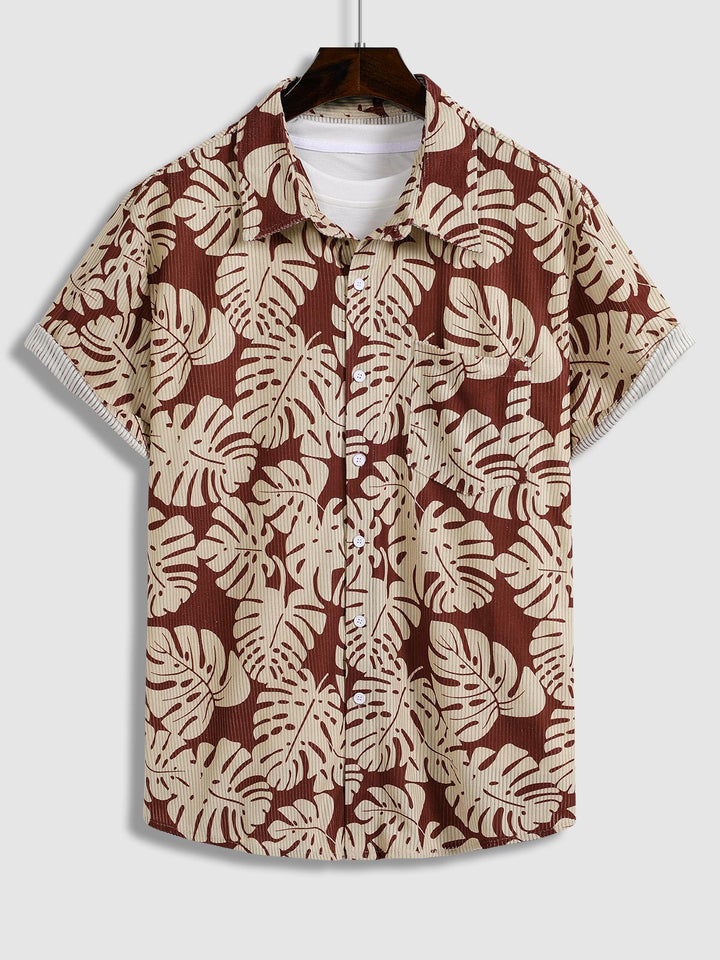 Men's Corduroy Botanical Print Trendy Short Sleeve Shirt