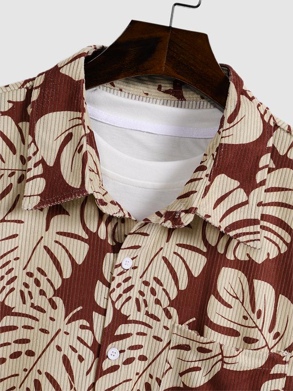 Men's Corduroy Botanical Print Trendy Short Sleeve Shirt