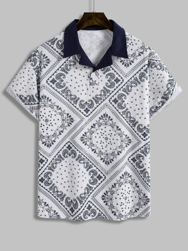 Men's Ethnic Paisley Print POLO Short Sleeve Shirt  Shorts Set