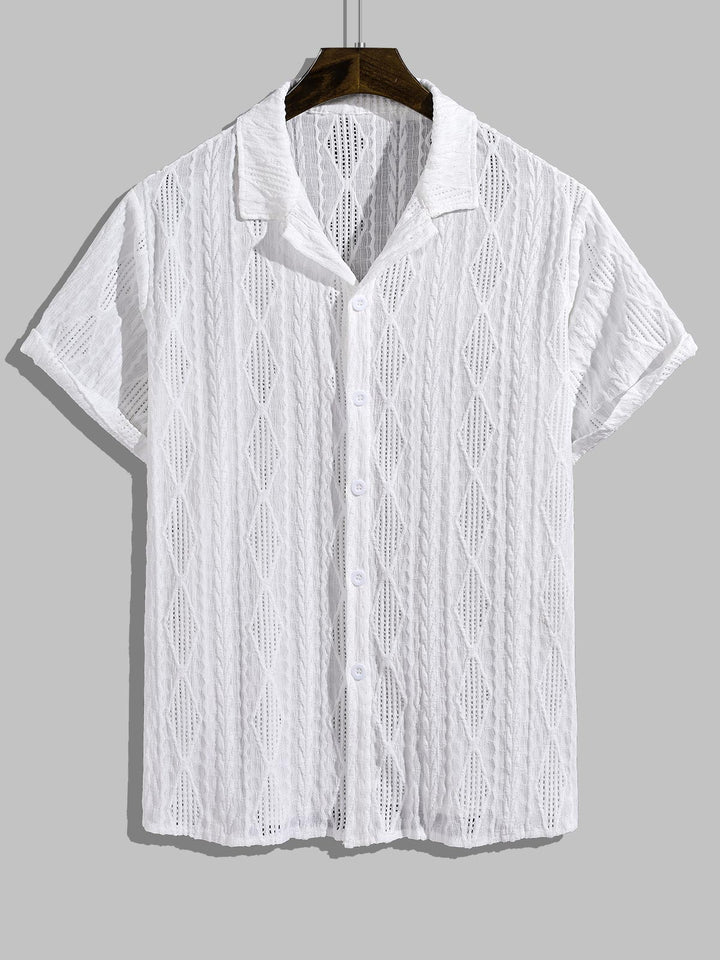 Men's Vintage Jacquard Hollow Cuban Collar Casual Short Sleeve Shirt