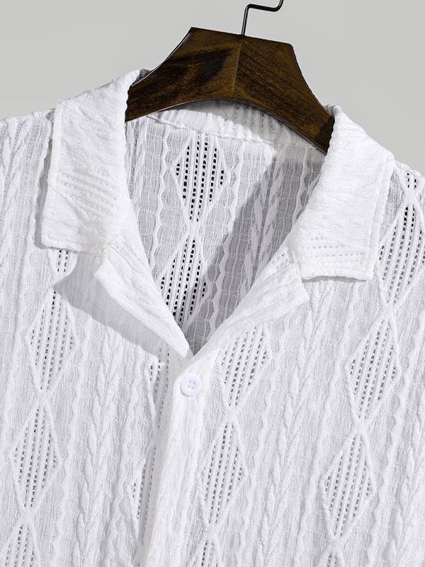 Men's Vintage Jacquard Hollow Cuban Collar Casual Short Sleeve Shirt