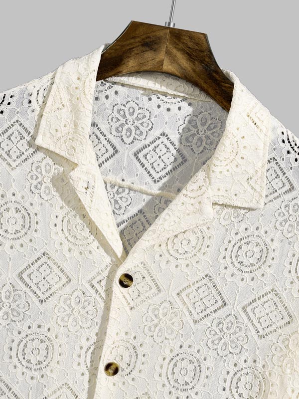 Men's Vintage Hollow Cuban Collar Button-Down Short Sleeve Shirt