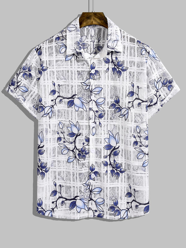 Men's Floral Plaid Print Cutout Button Short Sleeve Shirt