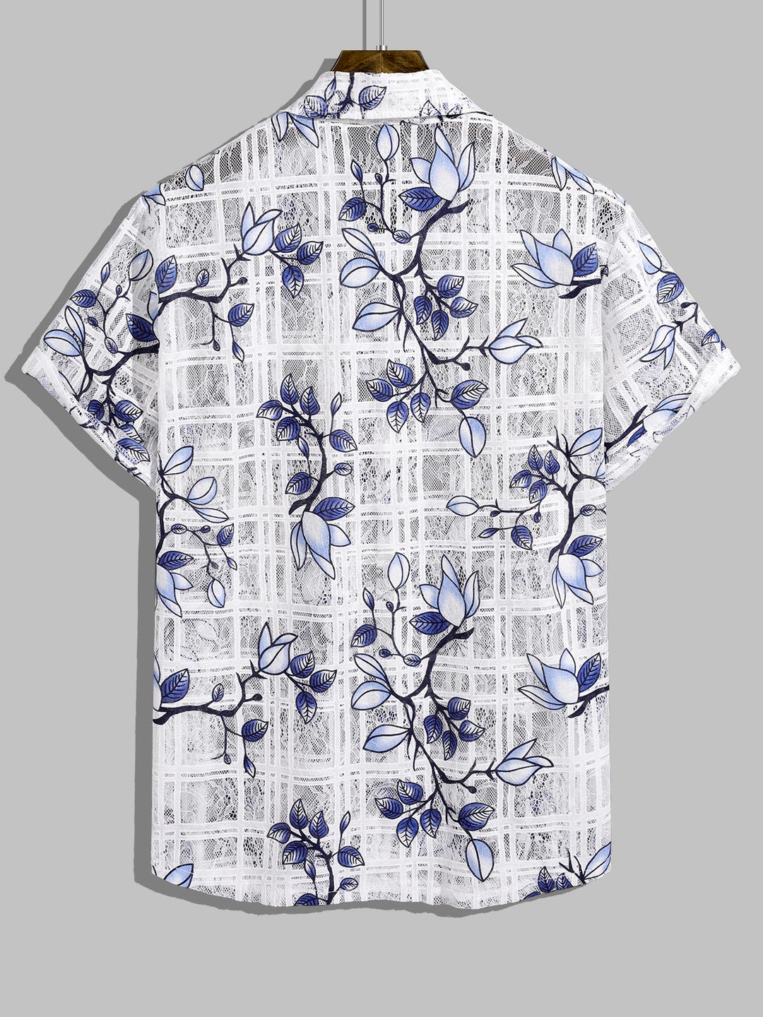 Men's Floral Plaid Print Cutout Button Short Sleeve Shirt