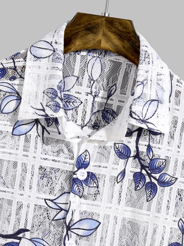 Men's Floral Plaid Print Cutout Button Short Sleeve Shirt