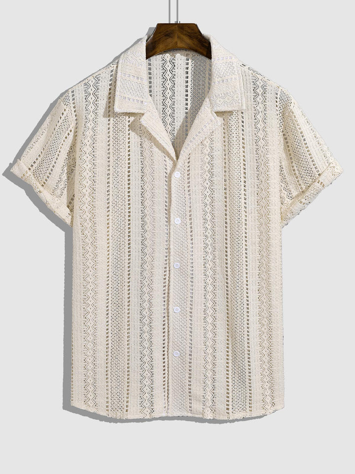 Men's Solid Color Hollow Cuban Collar Crochet Short Sleeve Shirt