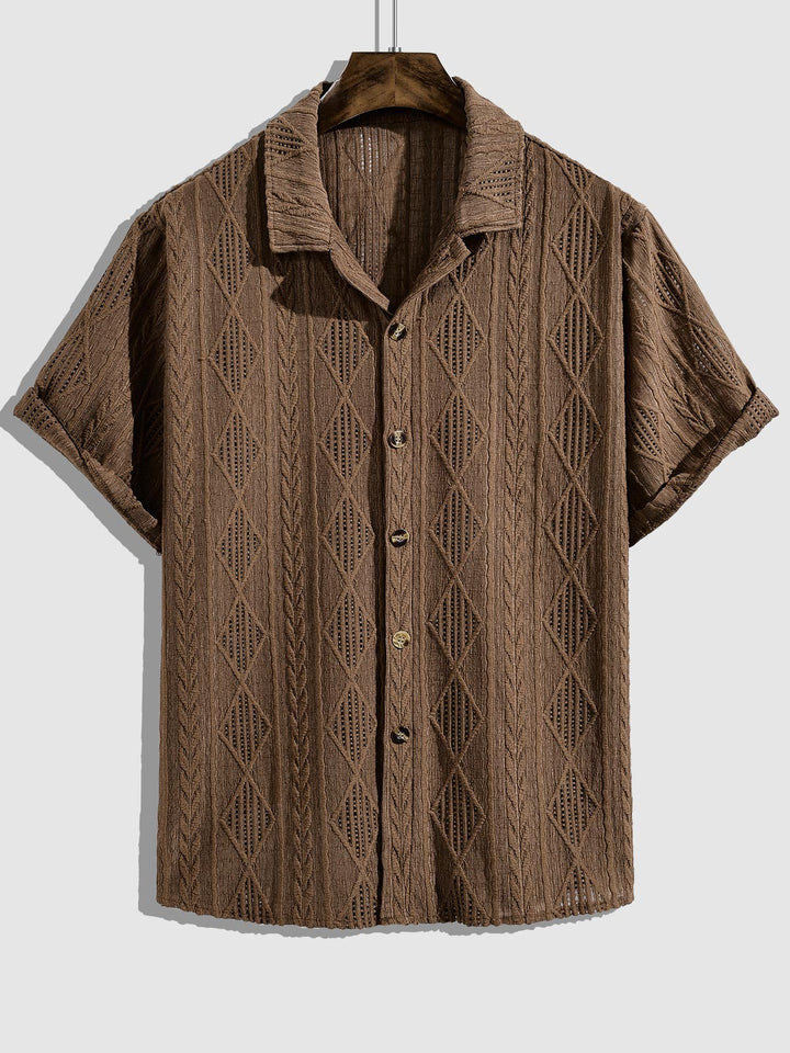 Men's Vintage Jacquard Casual Solid Color Button-Down Short Sleeve Shirt