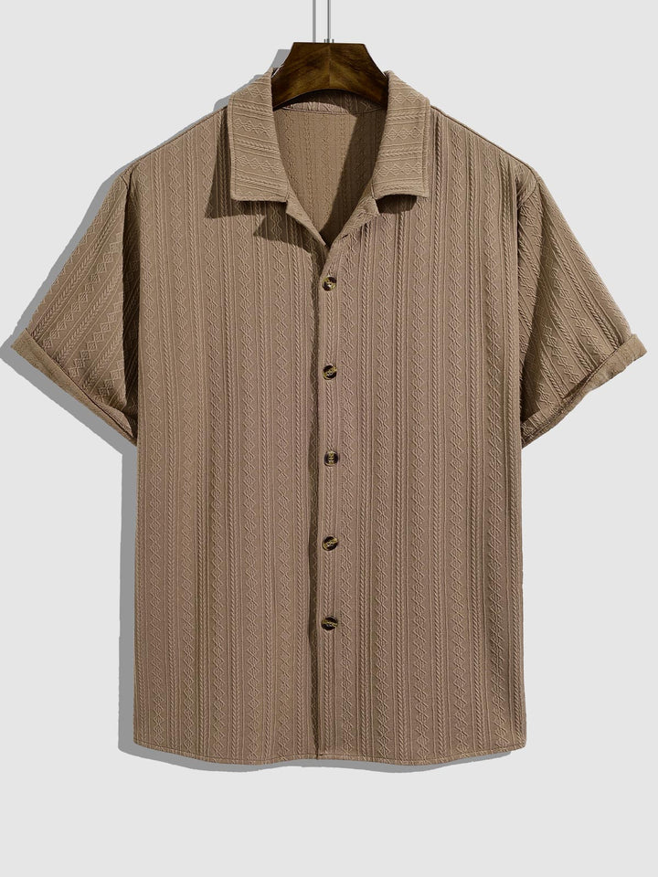 Men's Solid Color Vintage Jacquard Cuban Collar Casual Short Sleeve Shirt