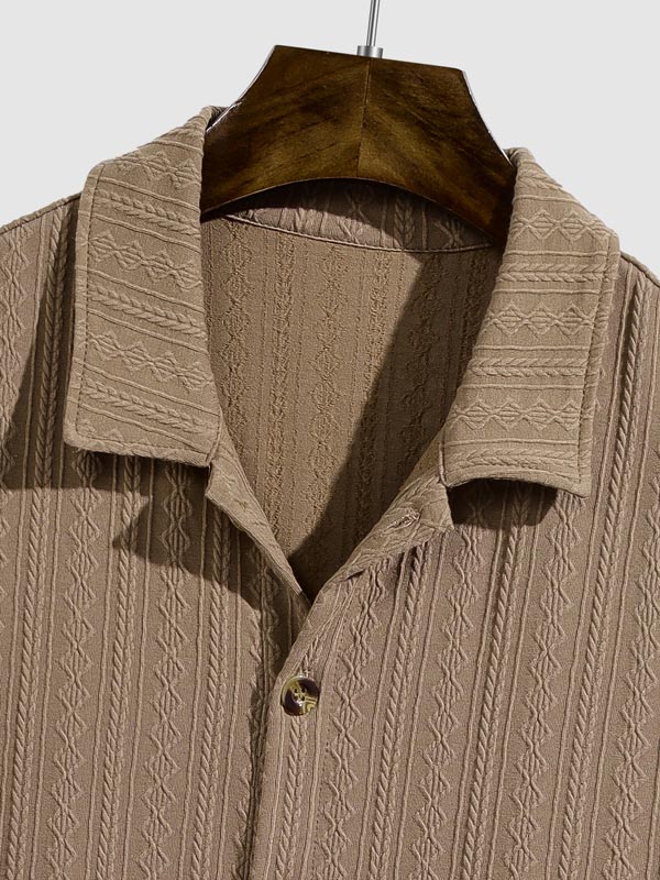 Men's Solid Color Vintage Jacquard Cuban Collar Casual Short Sleeve Shirt