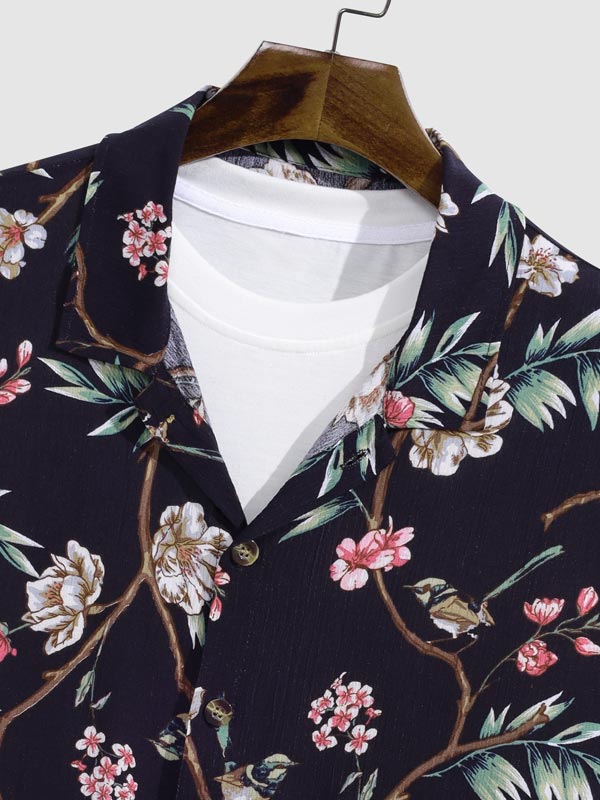 Men's Retro Textured Floral Print Casual Short Sleeve Shirt